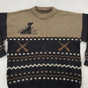 Vintage Hunting‎ Sweater Medium Brown Black Crewneck Knit Intarsia Guns 90s